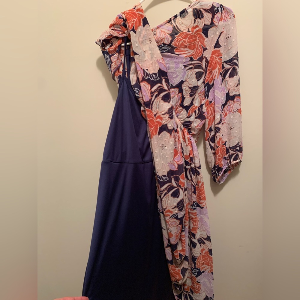 Light purple, floral, midi, Torrid dress with dark blue sheath dress. Size 3x.